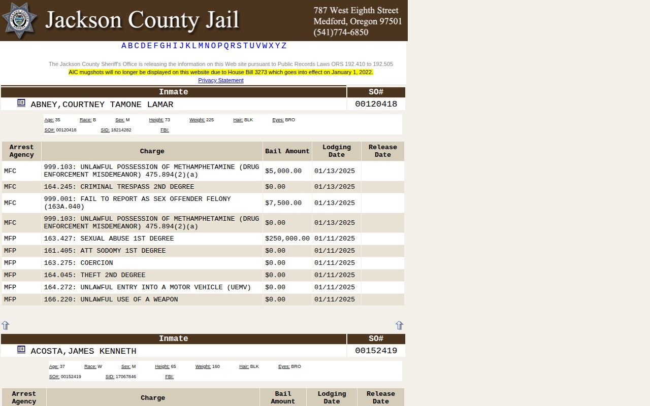 Jackson County Sheriff's Current AIC List search interface