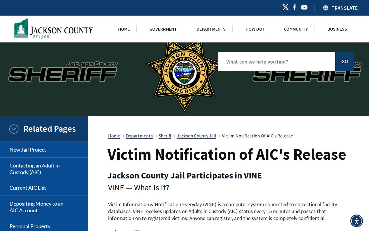 Jackson County VINE release notification instructions for inmates